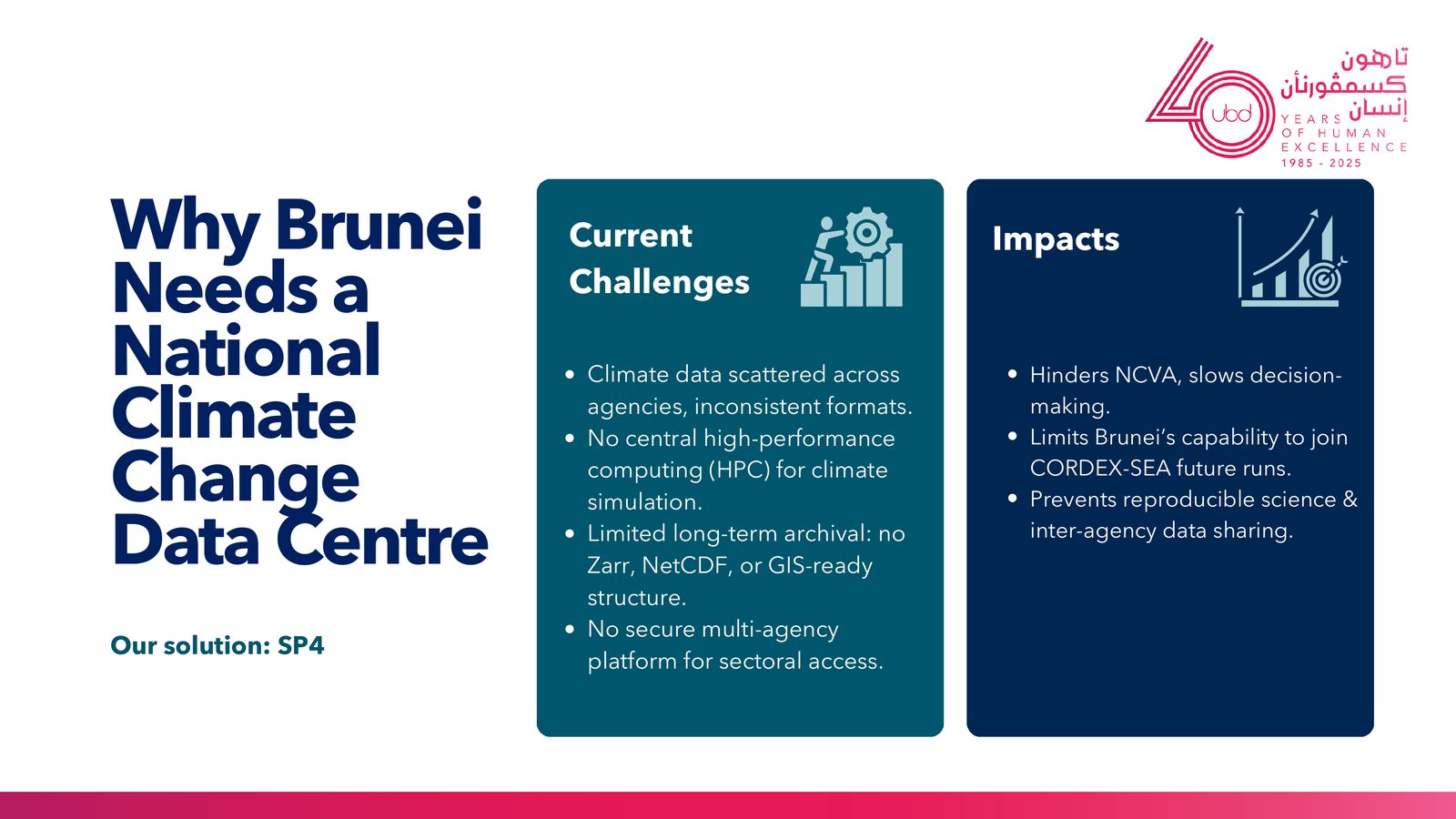 How the four sub-projects feed Brunei's National Climate Vulnerability Assessment: climate hazard projections combine with exposure and vulnerability across seven critical sectors.