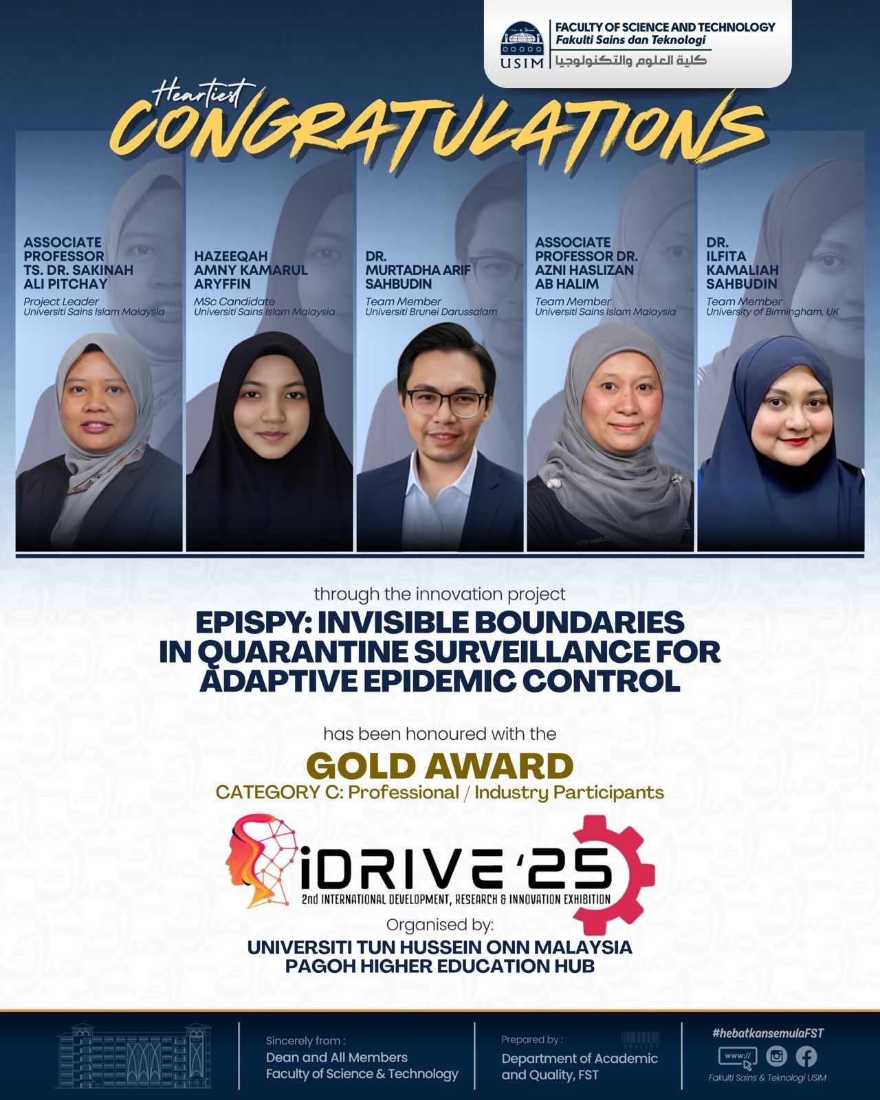 USIM congratulations poster for the EpiSpy team's iDRIVE '25 Gold Award