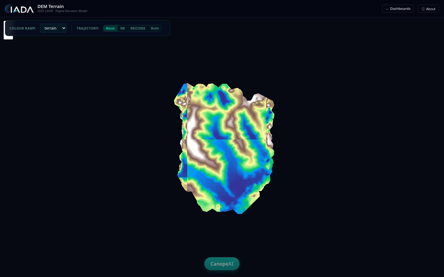 IADA DEM Terrain dashboard rendering the 2025 LiDAR digital elevation model in a terrain colour ramp, with selectable ramp and trajectory overlay controls.