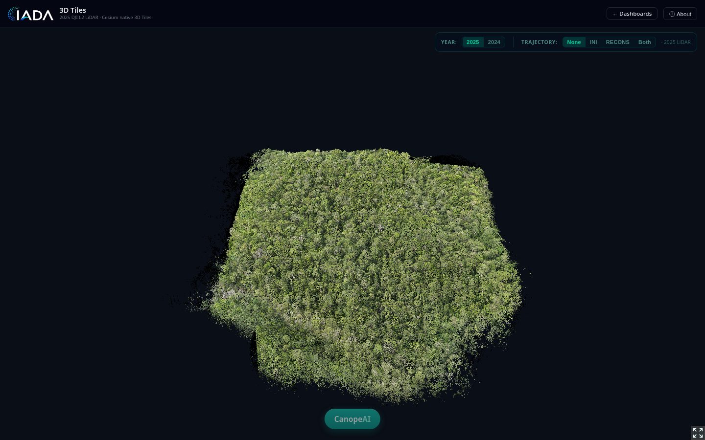 A single forest plot from the 2025 LiDAR survey rendered as a green 3D point cloud, streamed as 3D Tiles into Cesium for smooth navigation.